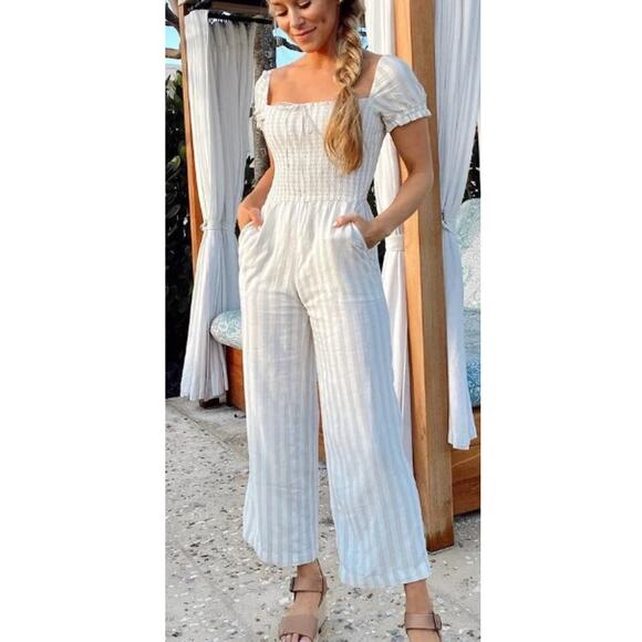 Abercrombie & Fitch Linen Jumpsuit Striped Smocked Body Short Sleeves SP - Picture 2 of 16